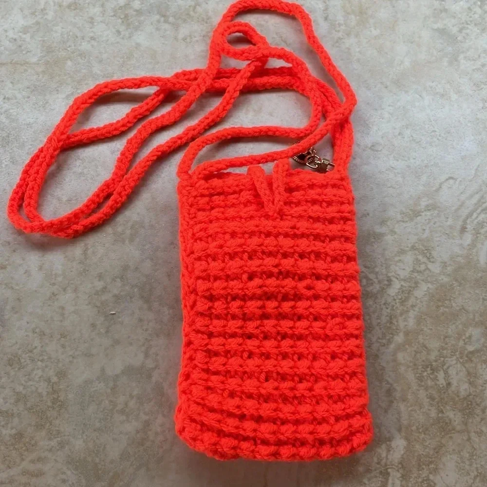 Crochet Bag Crossbody Shoulder Stretch Phone Purse Case Orange Small Handmade